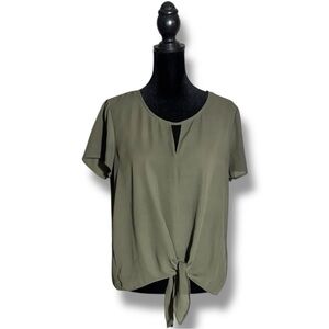 Pink Rose Olive Tie-Front Keyhole Cutout Short Sleeve Shear Crop Crewneck Blouse